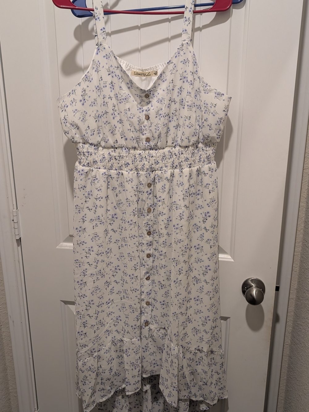 Liberty Love White Dress with Blue Floral Print and Button Front